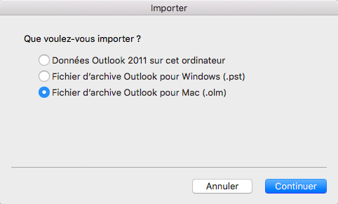 Boîte Importer : Fichier d'archive Outlook pour Mac (.olm)