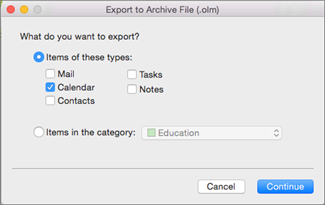 Boîte « Export to Archive File (.olm) » de l'Outlook hérité
