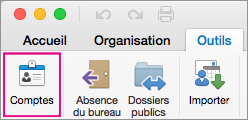 Onglet Outils : Comptes, Absence du bureau, Dossiers publics, Importer